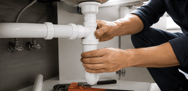 Plombier qui assemble des évacuations en PVC sous un évier