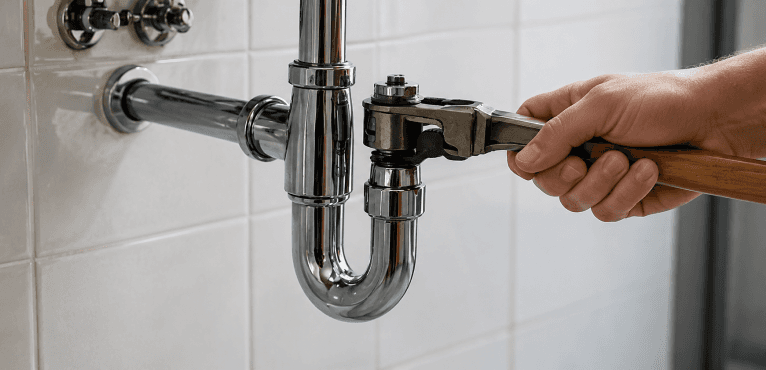 Siphon chromé resserré avec une clé sous un lavabo