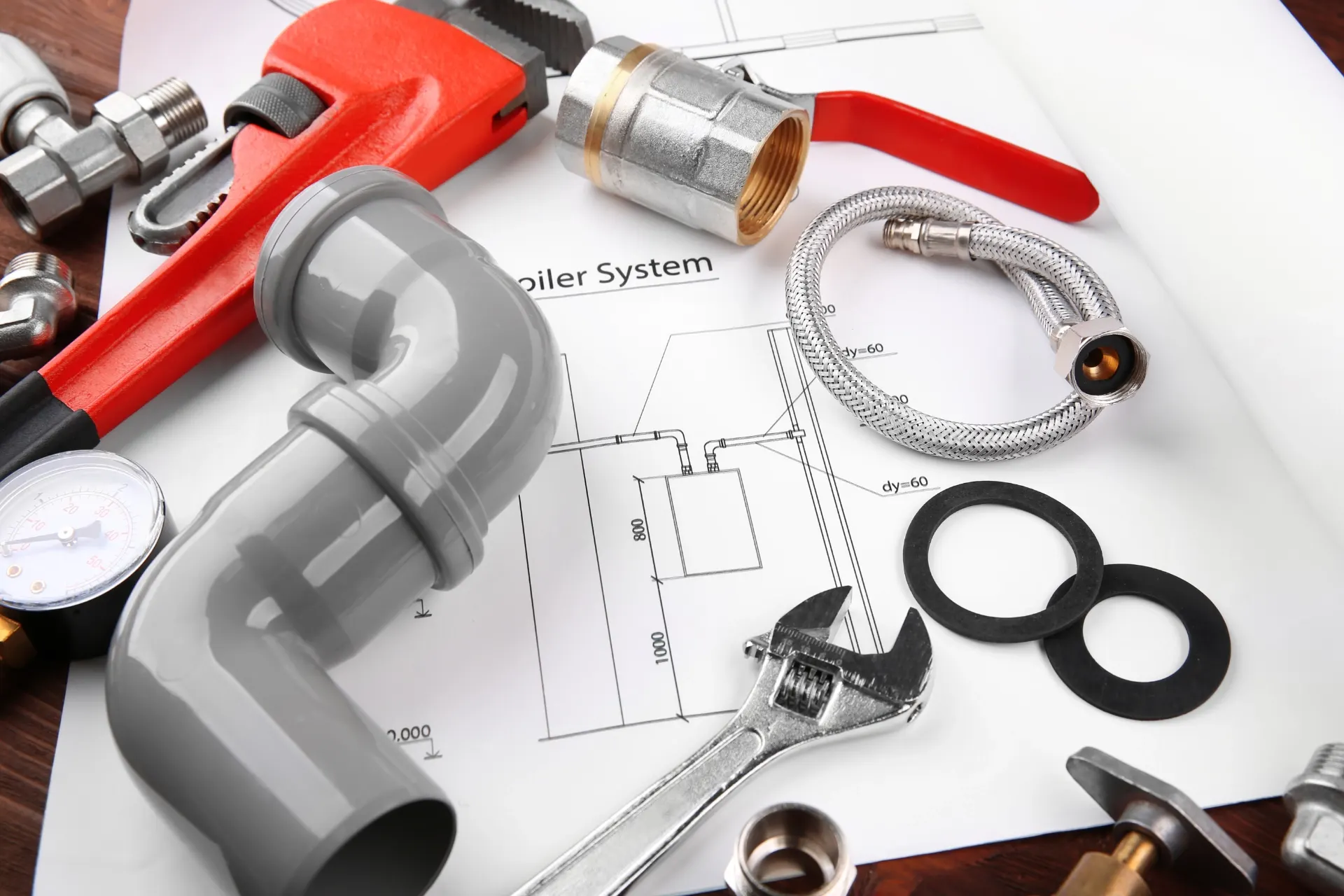 Outils de plomberie et raccords posés sur le plan d'une installation de chaudière
